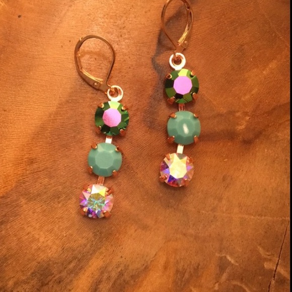 Peacock, turquoise + Aurora Borealis Crystal Drop Earrings - Picture 3 of 8